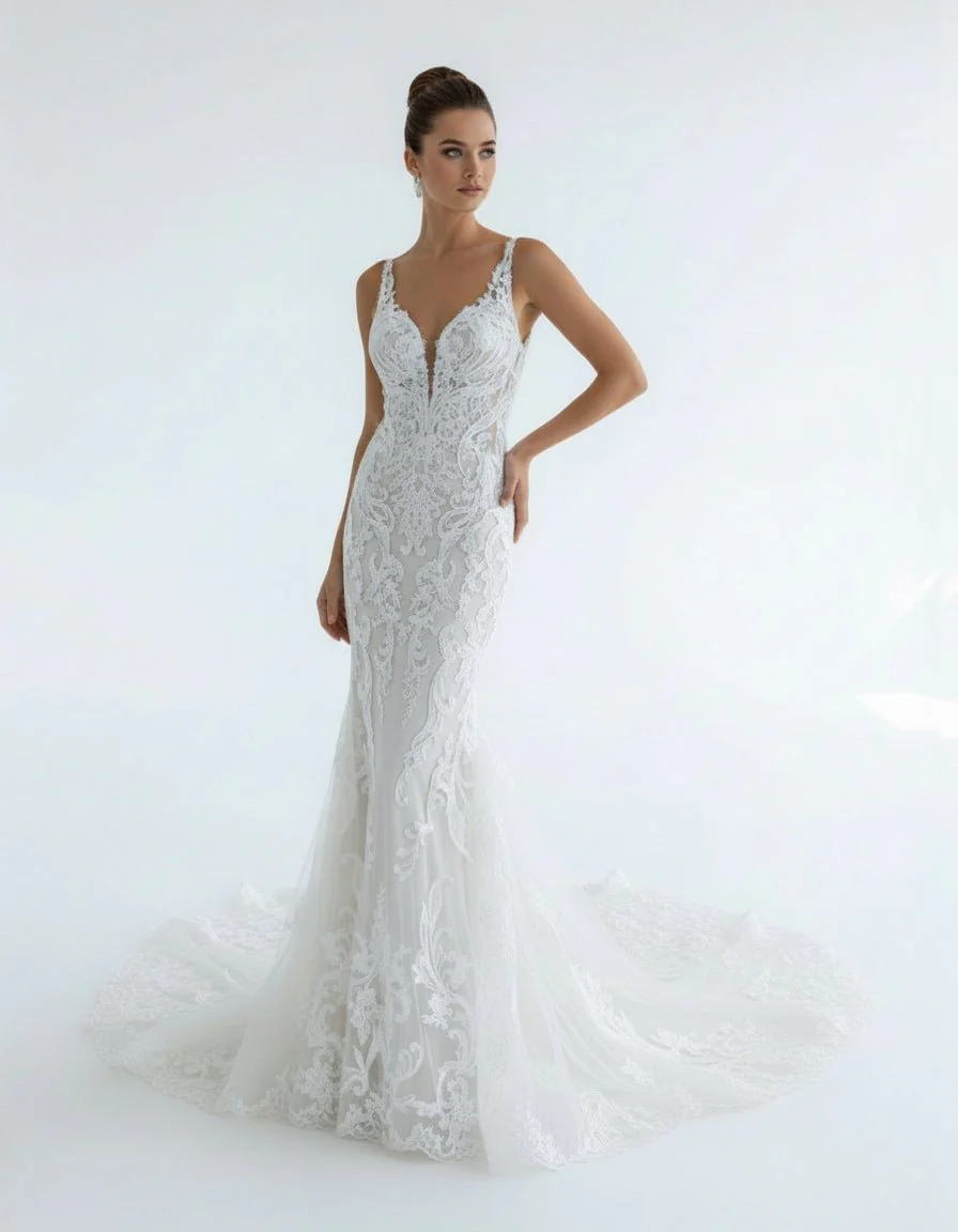 Mermaid V Neck Tulle Lace Wedding Dresses with Train