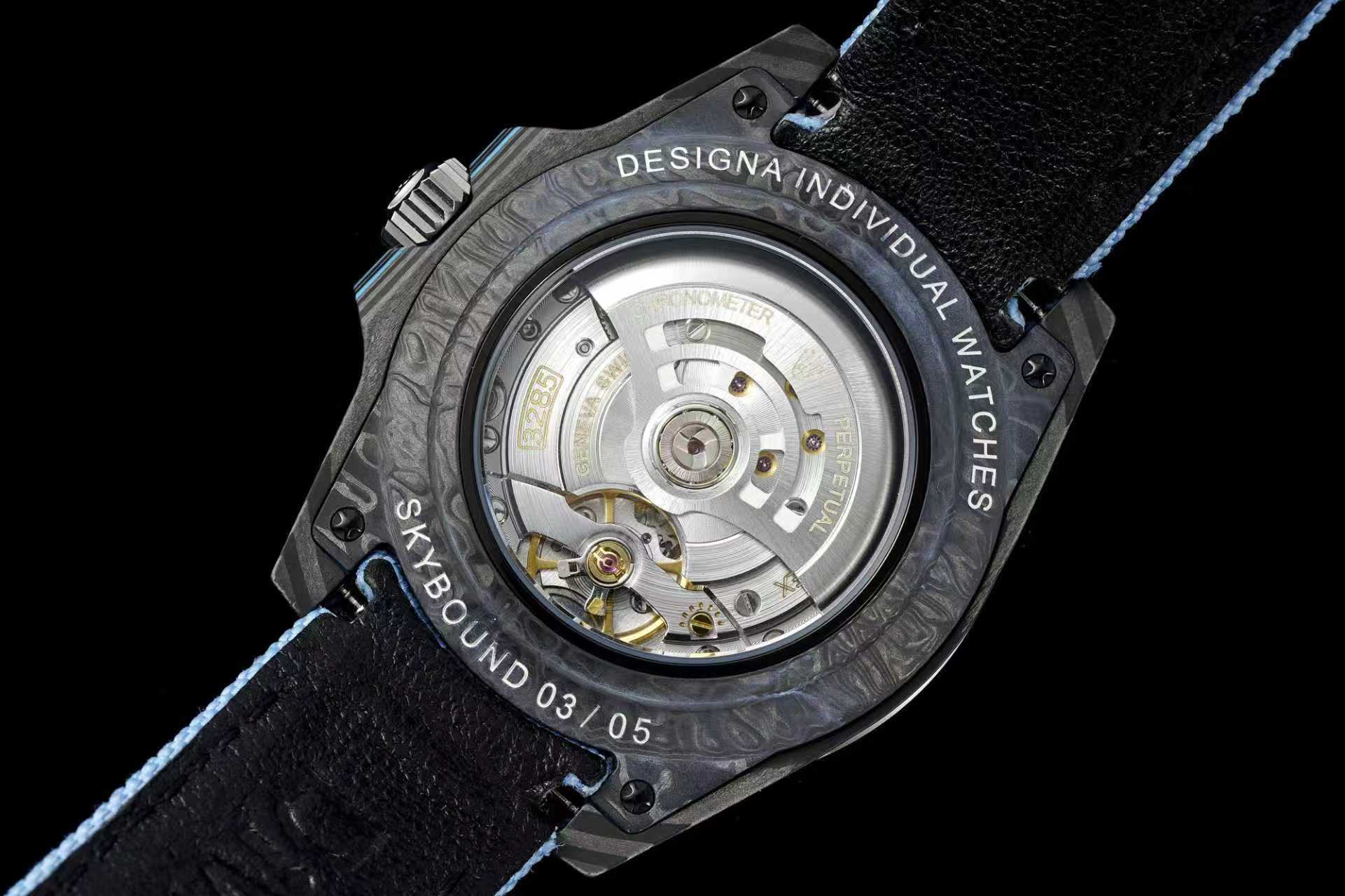 Exhibition case back revealing the 3285 clone movement inside a forged carbon case