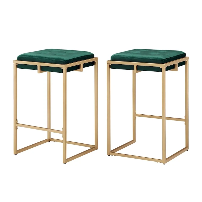 Backless Velvet Button-Tufted Bar Stool with Gold Metal Base & Footrest – Beige / Blue / Green, Counter / Bar Height