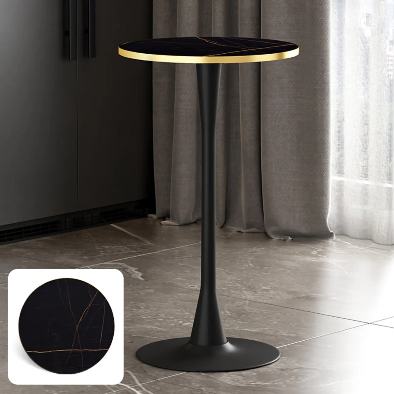 Modern Matte Black Metal Pedestal Round Wood Bar Tables
