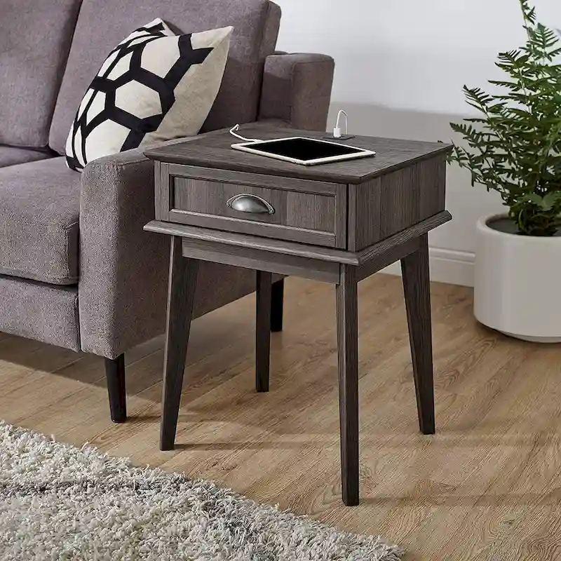 Caffoz Tall Side End Table with Fully Extended Drawer and USB Hub