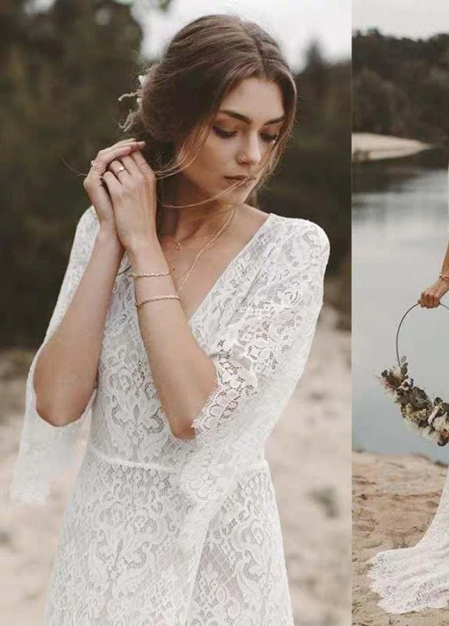 Bohemian Lace Deep V Neck Half Sleeves A Line Beach Wedding Dresses