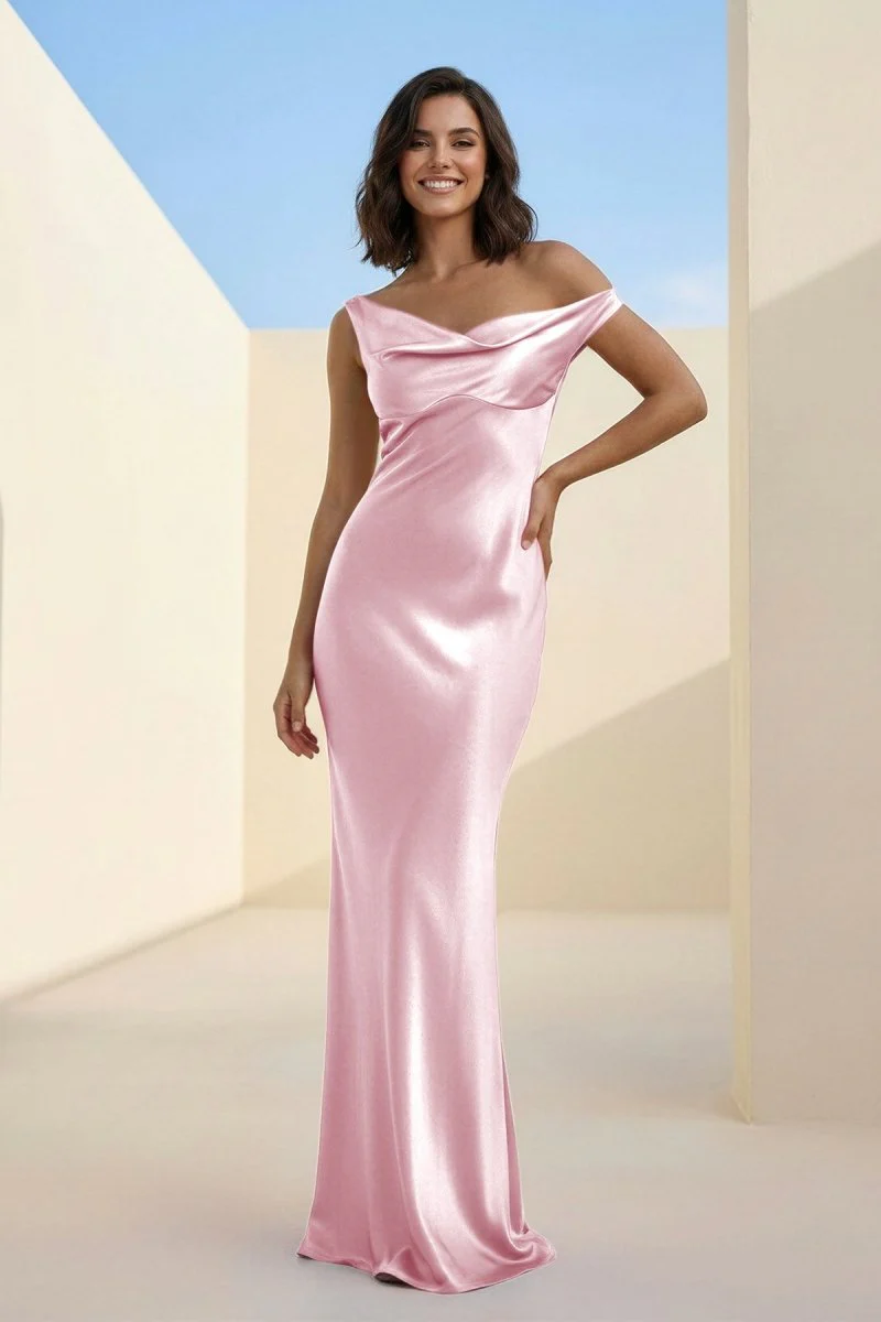 Fuchsia - One Shoulder Sheath Satin Long Prom Dresses
