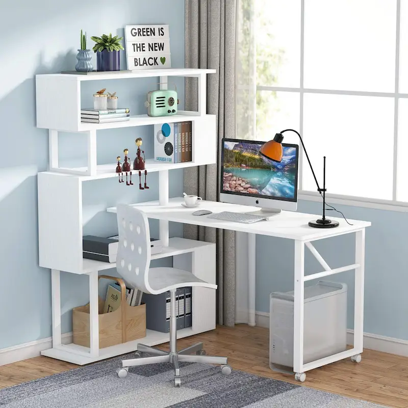Rotating L Shaped Desk with Storage Bookshelf for Home Office