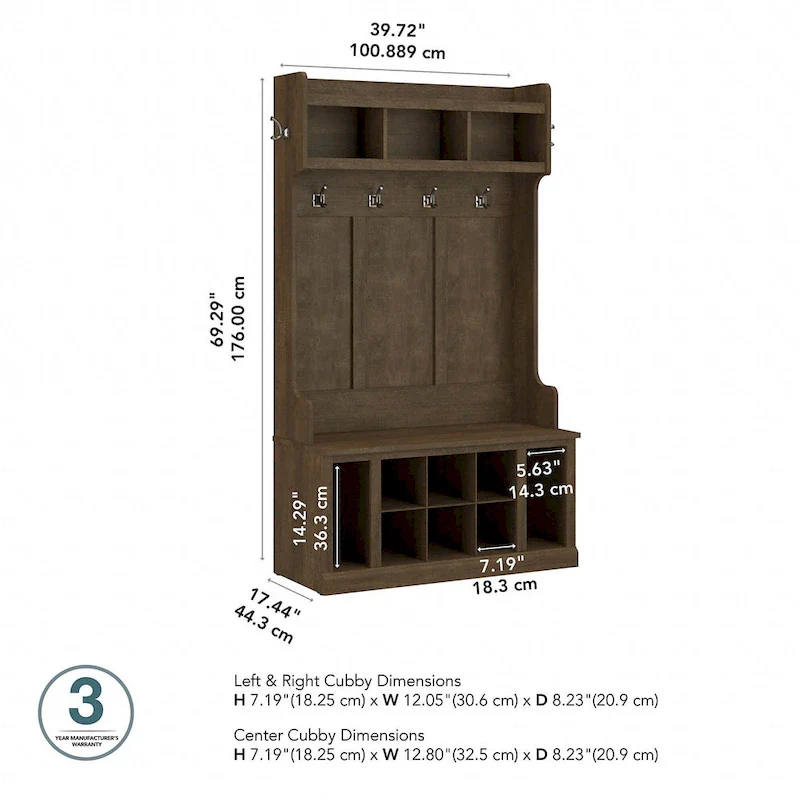 Woodland 40W Hall Tree and Shoe Bench with Shelves by Bush Furniture