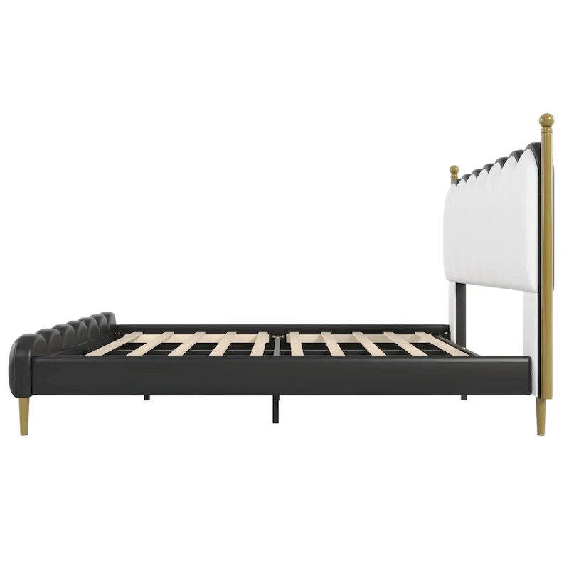 Leather Upholstered Bed with Headboard & Footboard, Solid Wood Slats & Legs