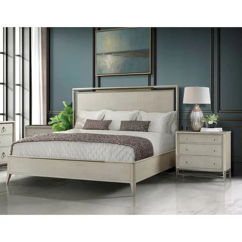Champagne Solid Wood Bed with Nightstands — Complete Bedroom Furniture