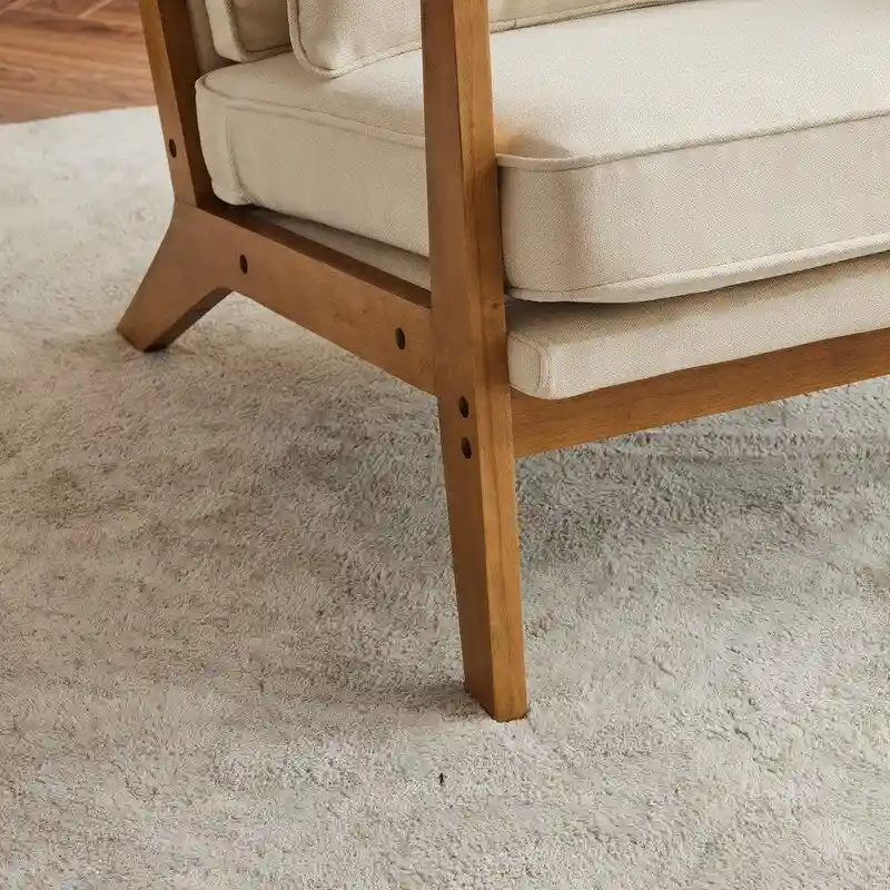 Upholstered Linen Blend Accent Chair with Wooden Legs and Pillow, Beige