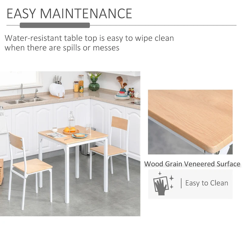 HOMCOM 3-Piece Wooden Square Dining Table Set with 1 Table and 2 Chairs and Sturdy Metal Frame, White