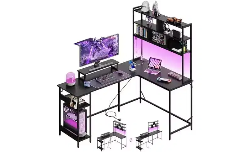 DEXYLLO L Shaped Gaming Desk with Hutch, Reversible Computer Desk with LED Light, 3-Tier Shelves, 2 AC+2 USB Outlet and Monitor Stand
