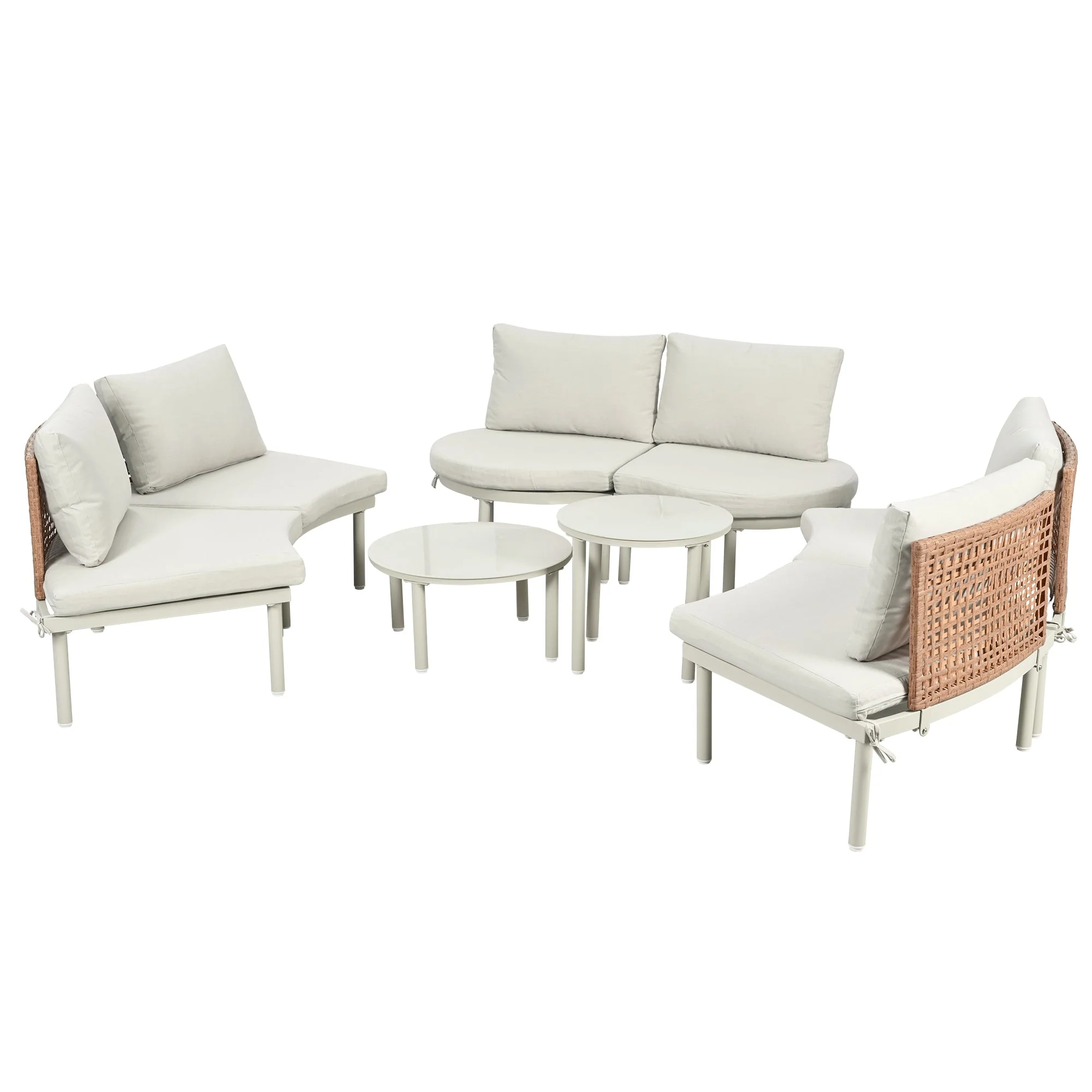 Walker Edison | Minimalist Half Moon Outdoor 8-Piece Modular Sofa Set with Nesting Tables