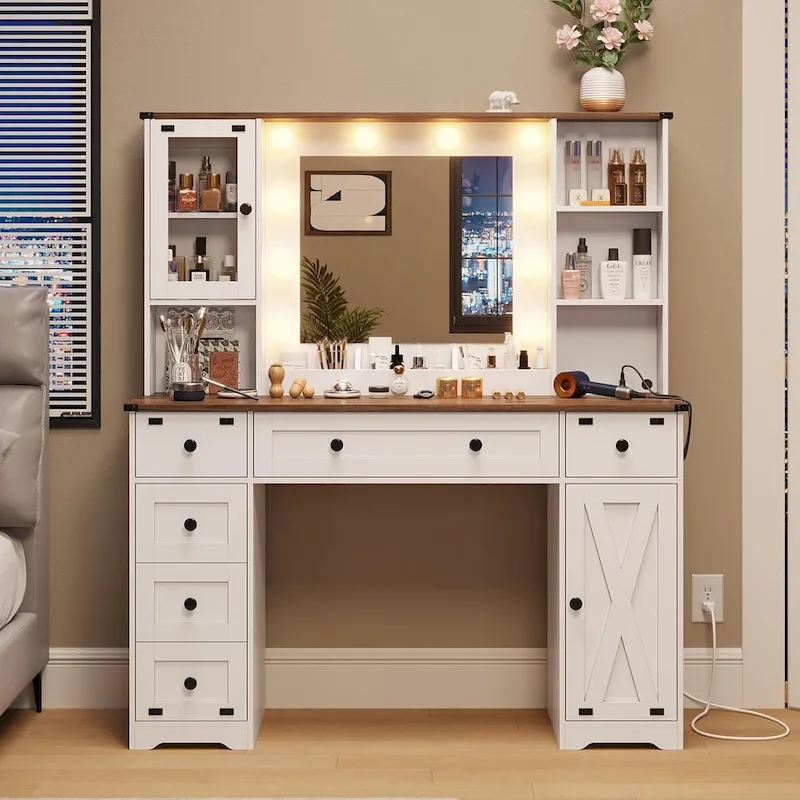 Walnut / White Farmhouse Makeup Vanity Desk with Lighted Mirror & Charging Station, Single-Seat