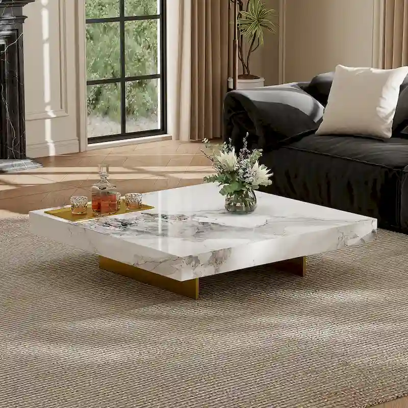 Modern 42 Faux Marble Square Coffee TableGlossy Sintered Stone Tabletop