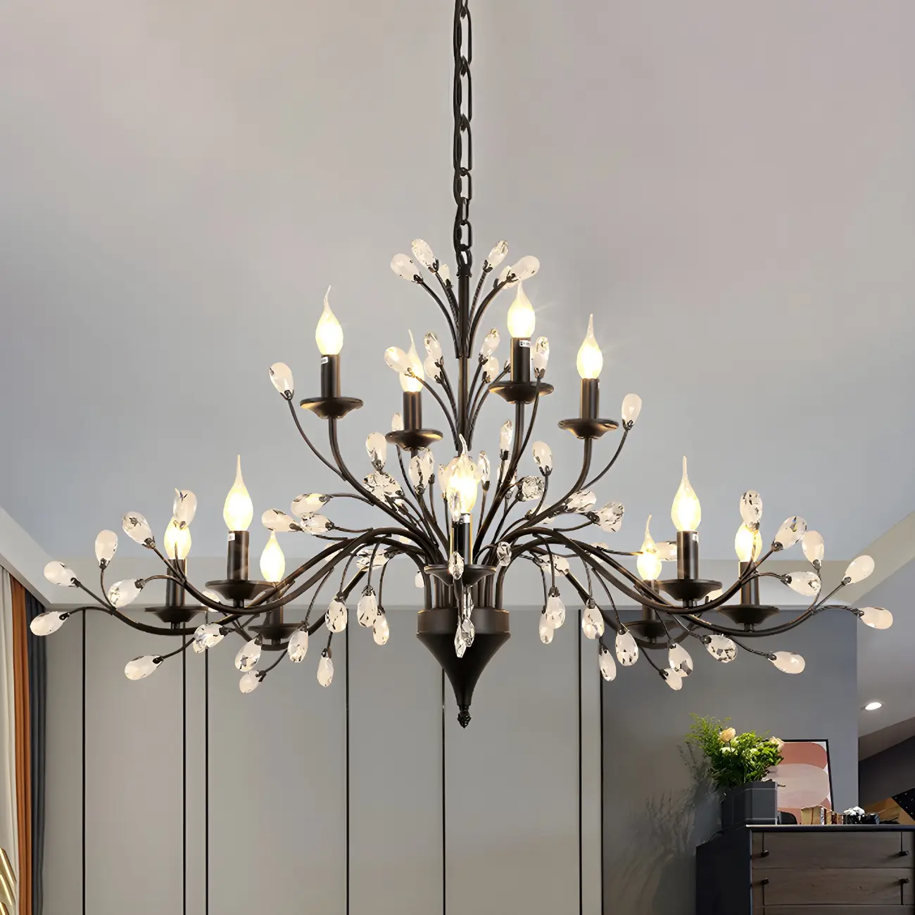 Modern Elegant Black Branch Crystal Candelabra Chandelier