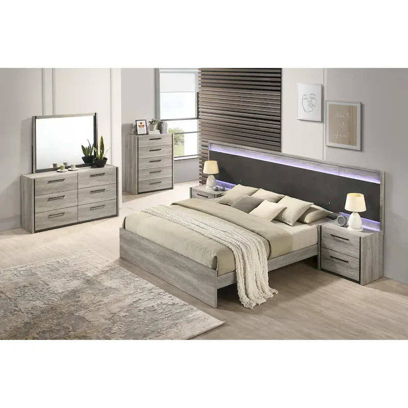 LED Wall Bed with Nightstands Dresser Mirror & Chest Weathered Gray