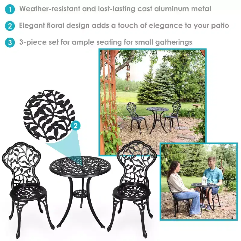 Sunnydaze Floral Design Cast Aluminum Outdoor Patio Bistro Set, Black, 3pc