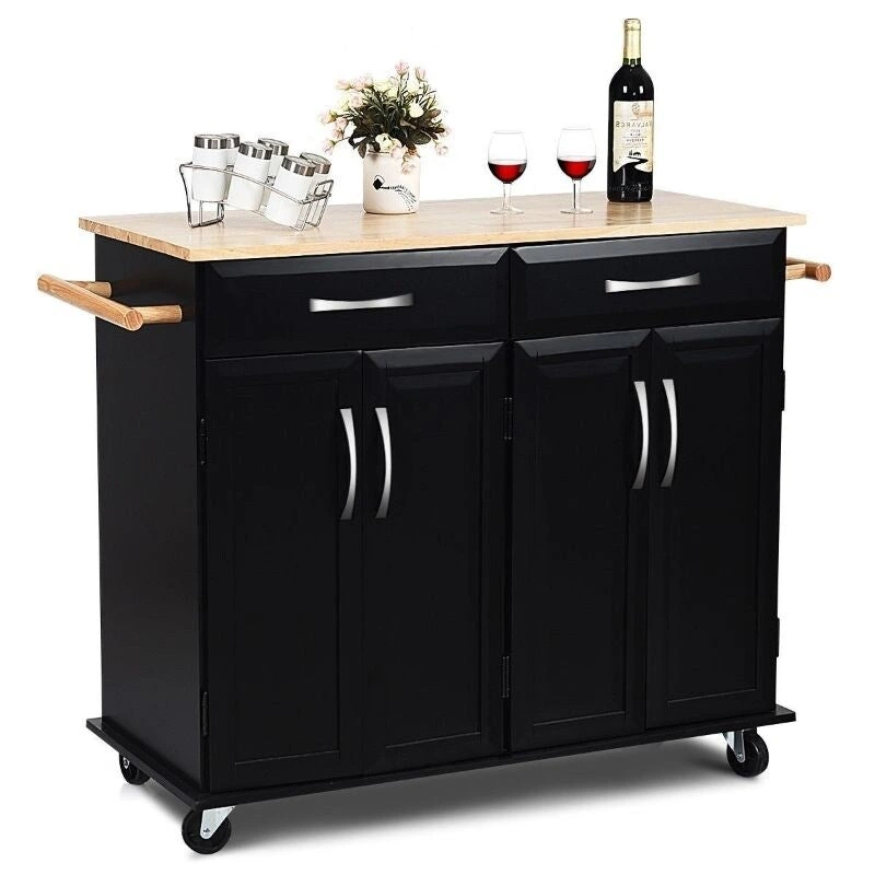 Black Kitchen Island Storage Cabinet Cart with Wood Top and Wheels - 48.5 x 18.5 x 36.5 (L x W x H)