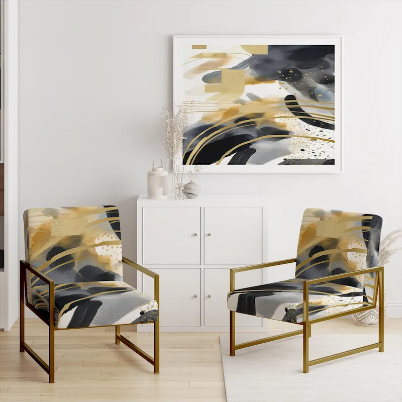 Designart  Pastel Abstract With Blue Black & Gold Spots III  Upholstered Fractals Accent Chair and Modern Arm Chair