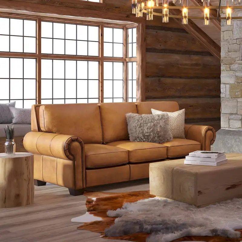 Tan / Taupe Top Grain Hand Antiqued Leather Traditional Sofa - Fits 3 People