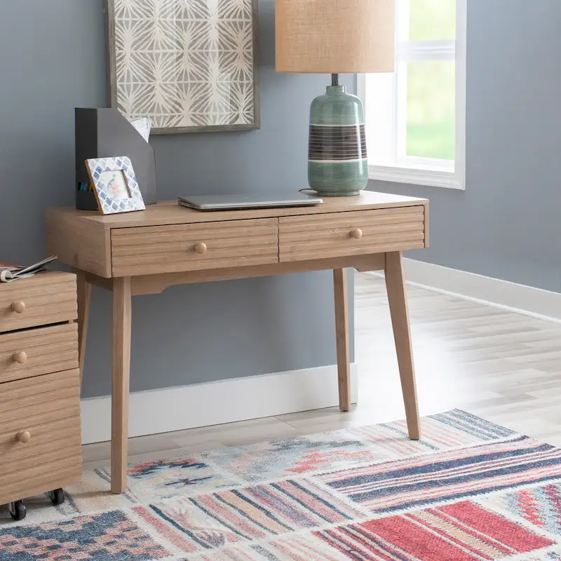 Natural / White Mid-Century Modern Solid Wood Writing Desk with 2 Drawers - Single Use