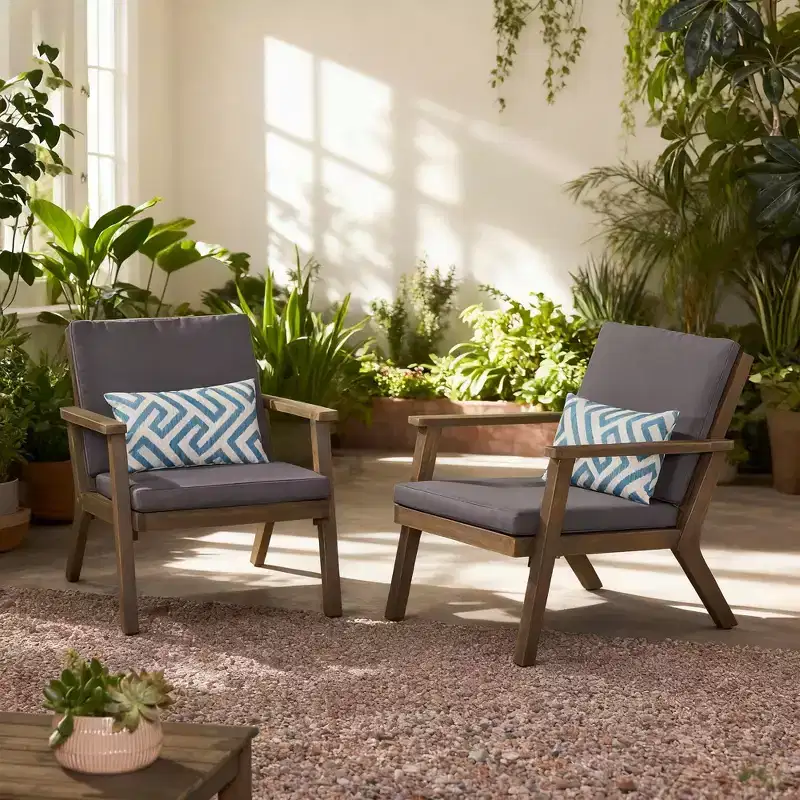 Outdoor Acacia Wood Club Chairs with Cushions (Set of 2)