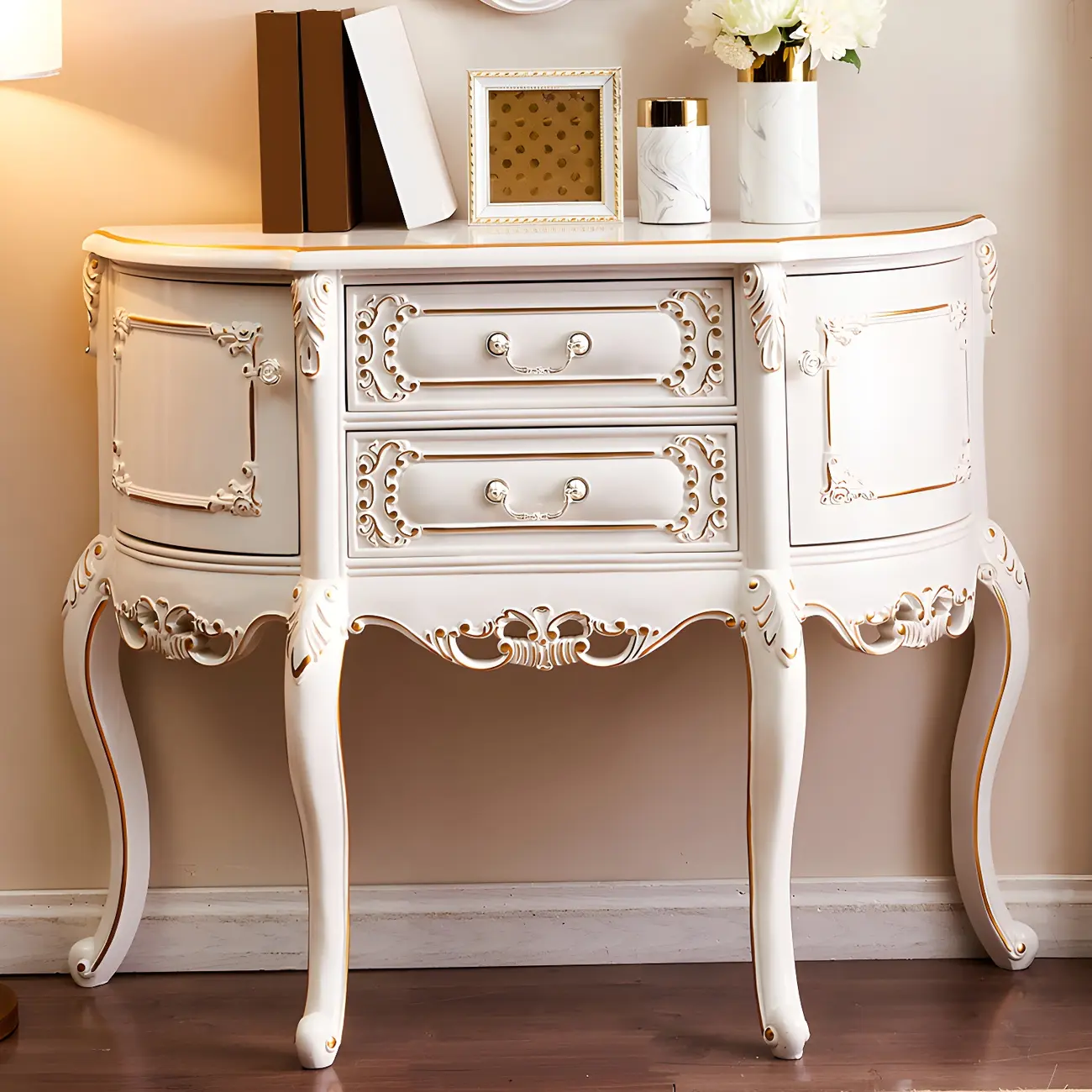 French White Wood Console Table with Drawers in Scratchproof