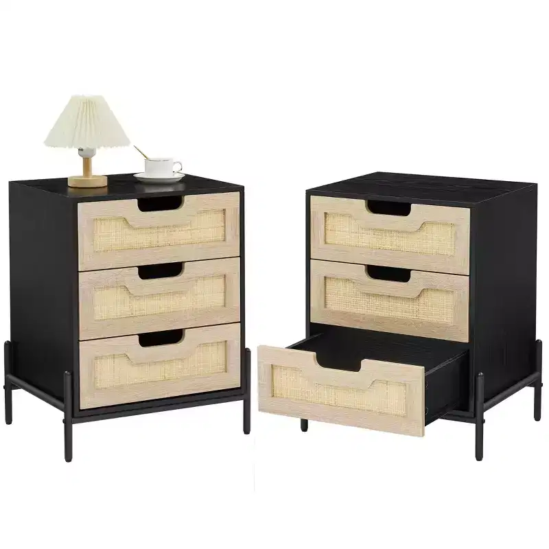 Natural/Black Rattan Nightstand Set of 2 C Boho 3-Drawer Bedside Cabinets for Bedroom/Living Room