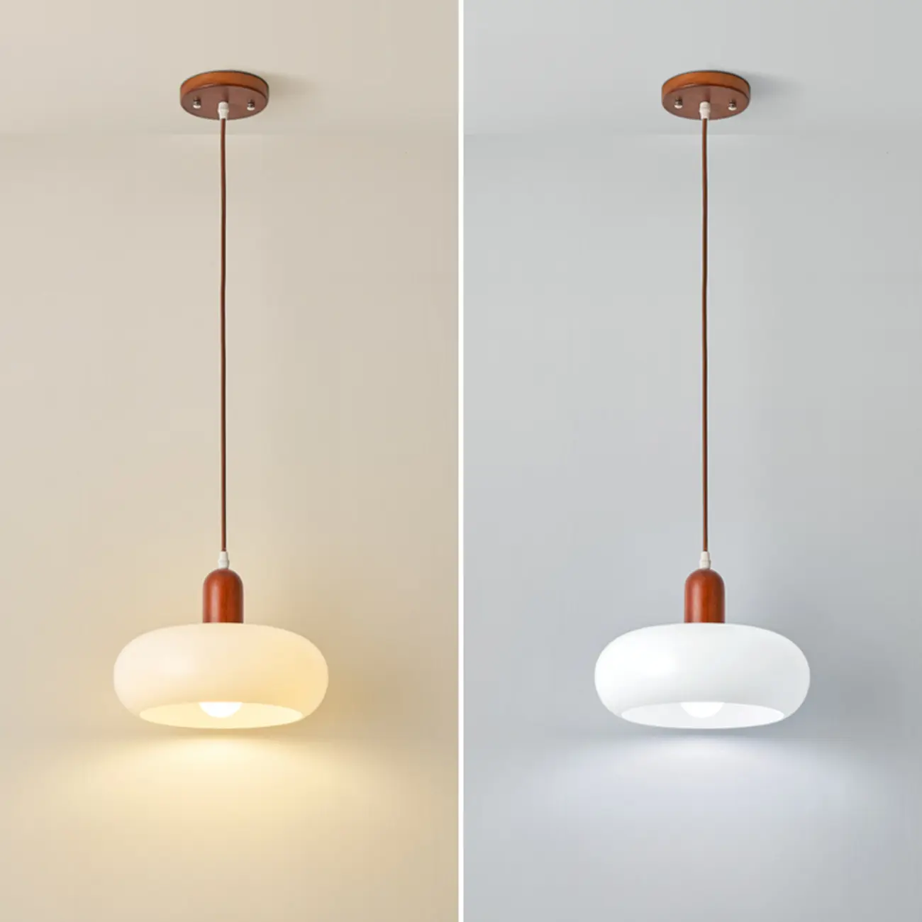Modern White Glass Pendant Light with Solid Wood Accent