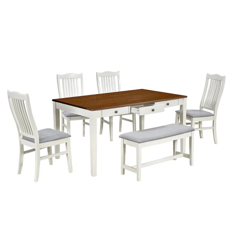6-Piece Wooden Dining Table Set with 4 Chairs & Bench, Table with Drawer