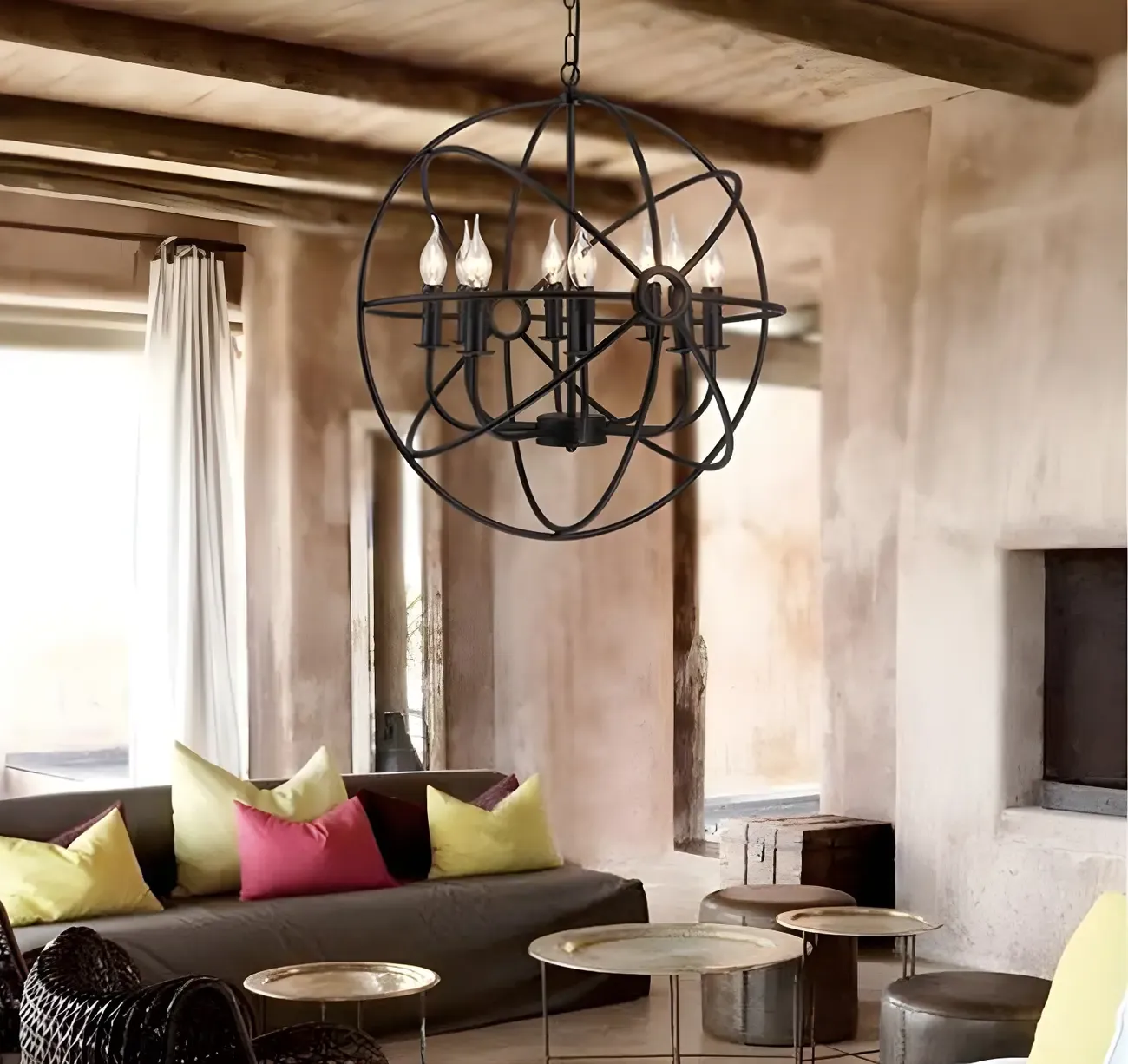 Industrial Black Metal Globe Caged Candelabra Chandelier