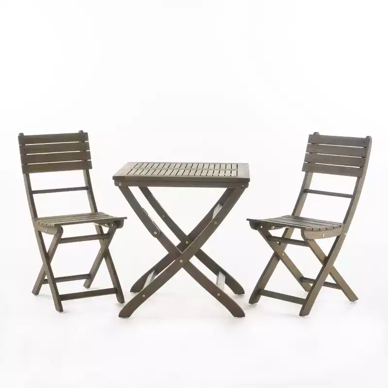 GDFStudio Rabion Outdoor Acacia Wood 3 Piece Folding Bistro Set, Gray