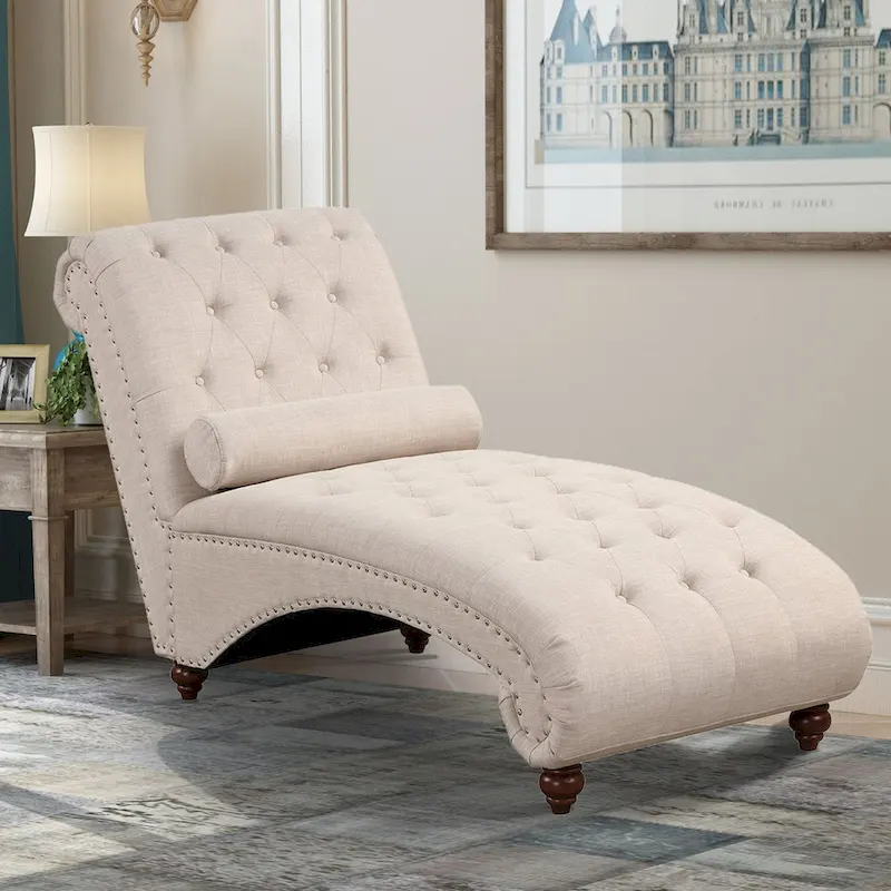 Beige / Grey Armless Tufted Chaise Lounge with Bolster Pillow, 1-Seat