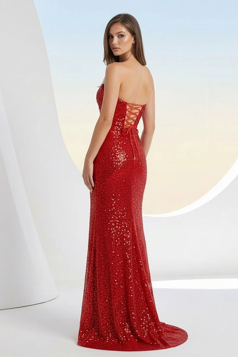 Red Strapless Mermaid Sequins Pleated Formal Prom Dresses With Slit