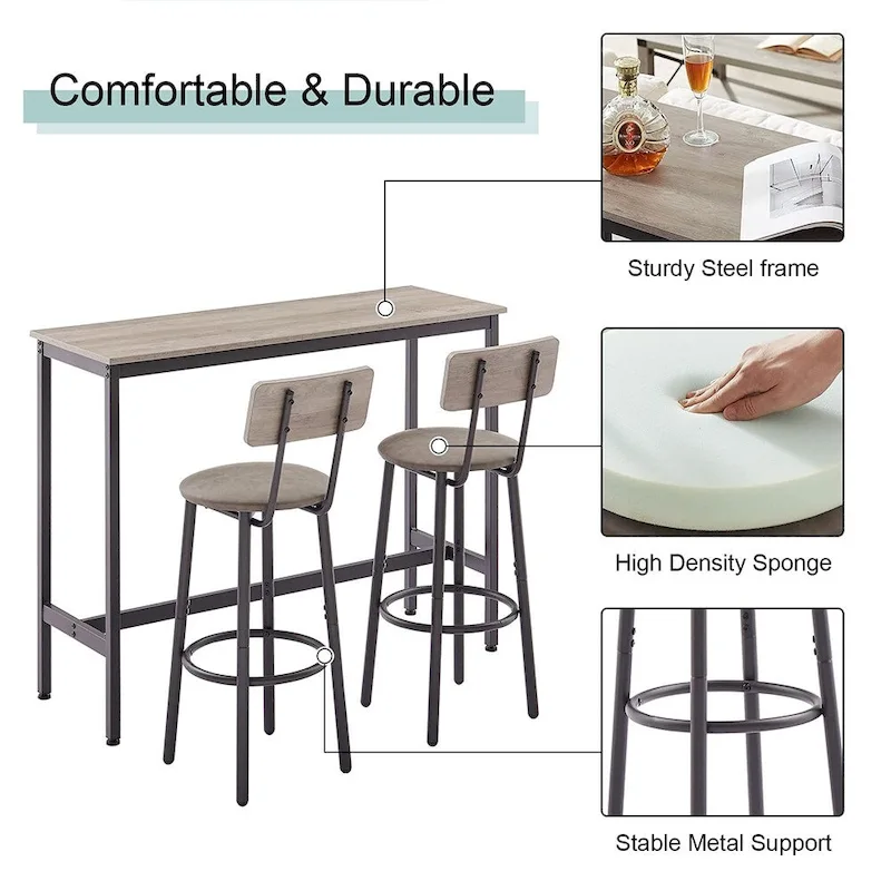 3-Piece Bistro Set, Dining Table and Upholstered Stools w/ Backrest