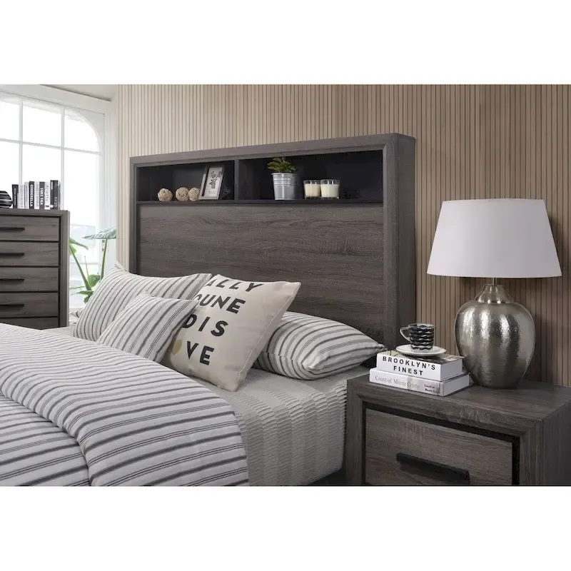 Furniture of America Rothwell Grey Wood Bed with Bookcase Headboard