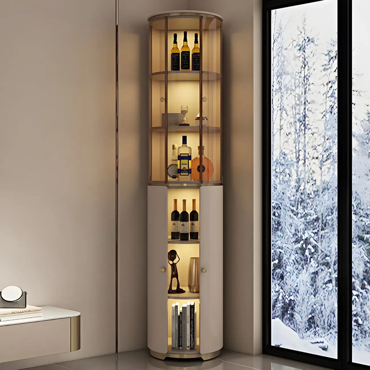 Modern White Wooden Corner Wine Rack with Door