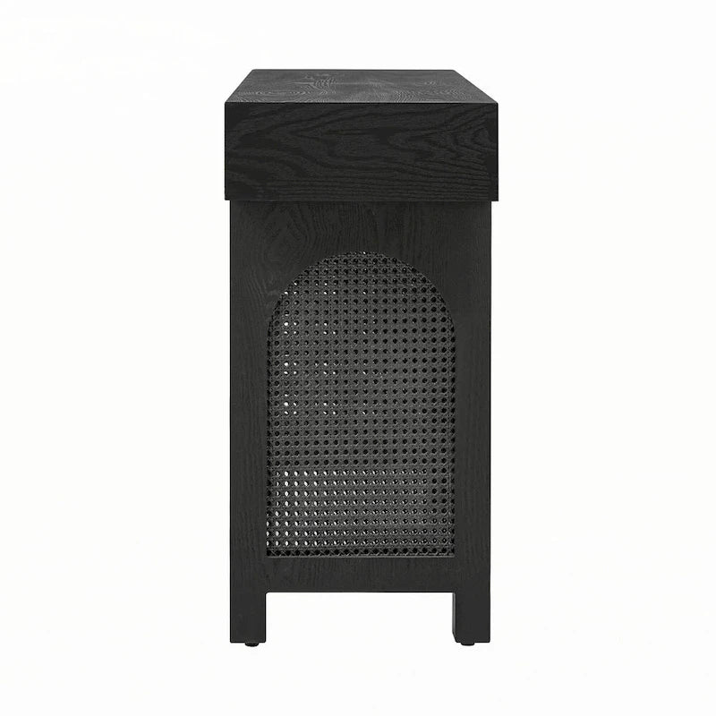 Narrow Console Table with Rattan Accent(Antique Black)