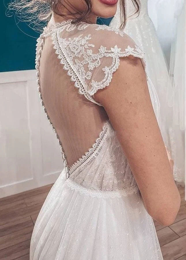 Casual A-line Backyard Tulle Long Wedding Dresses with Cap Sleeves