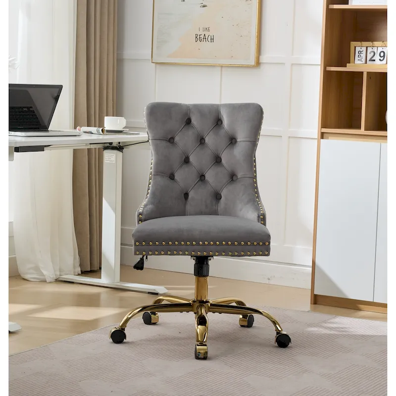 Gray Velvet Tufted Home Office Chair with Golden Metal Base - Adjustable Swivel Desk Chair