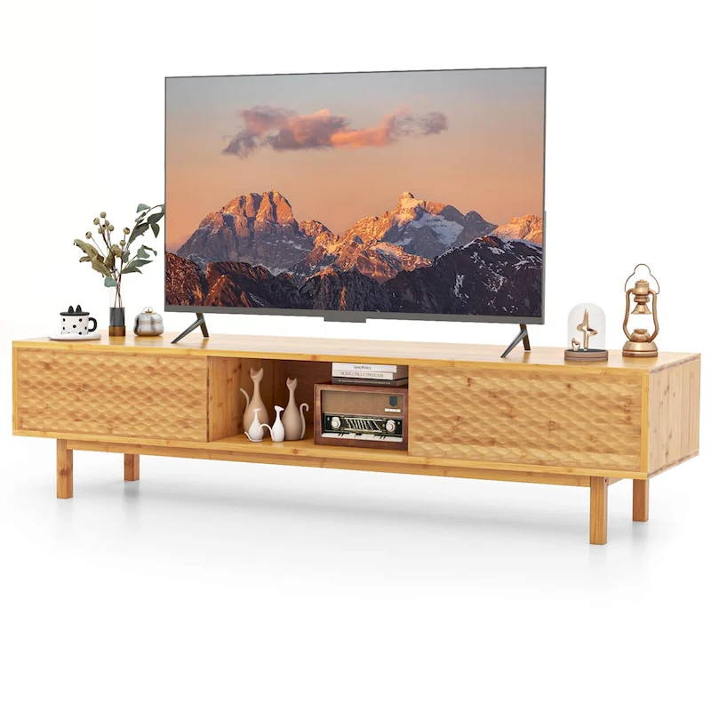 Natural Bamboo TV Stand with Sliding Doors & 3 Storage Compartments, Fits up to 70
