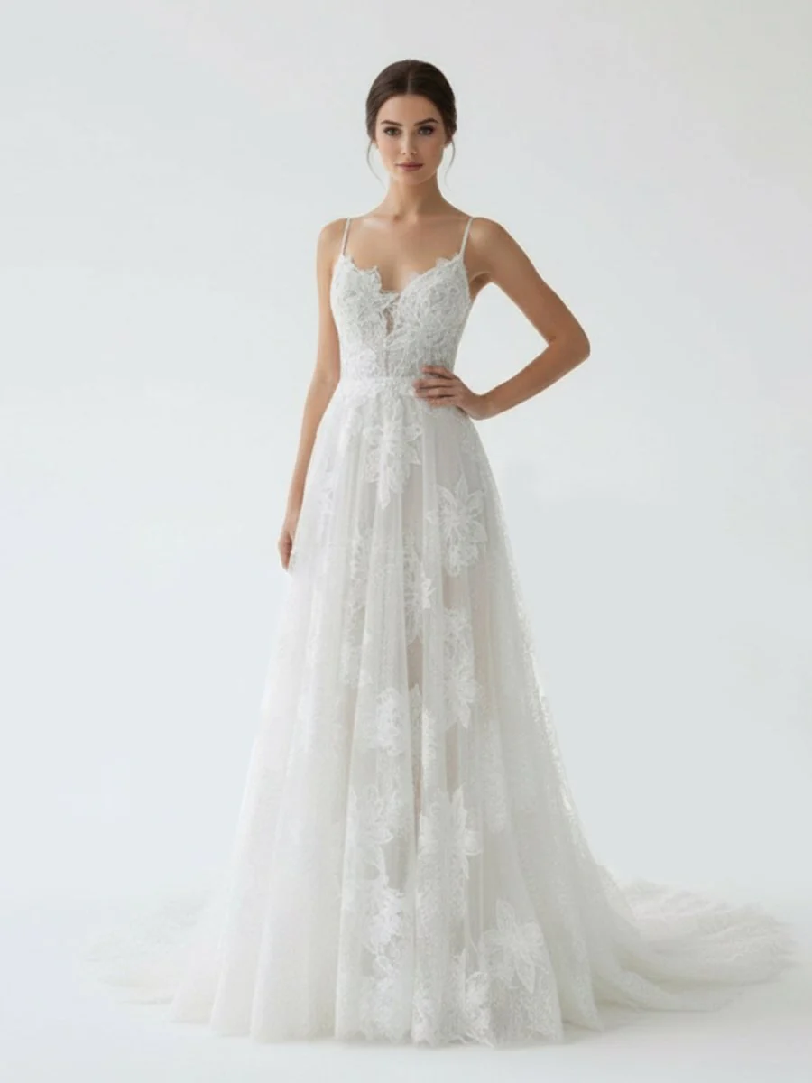 Boho White A-Line Lace Appliques Wedding Dress