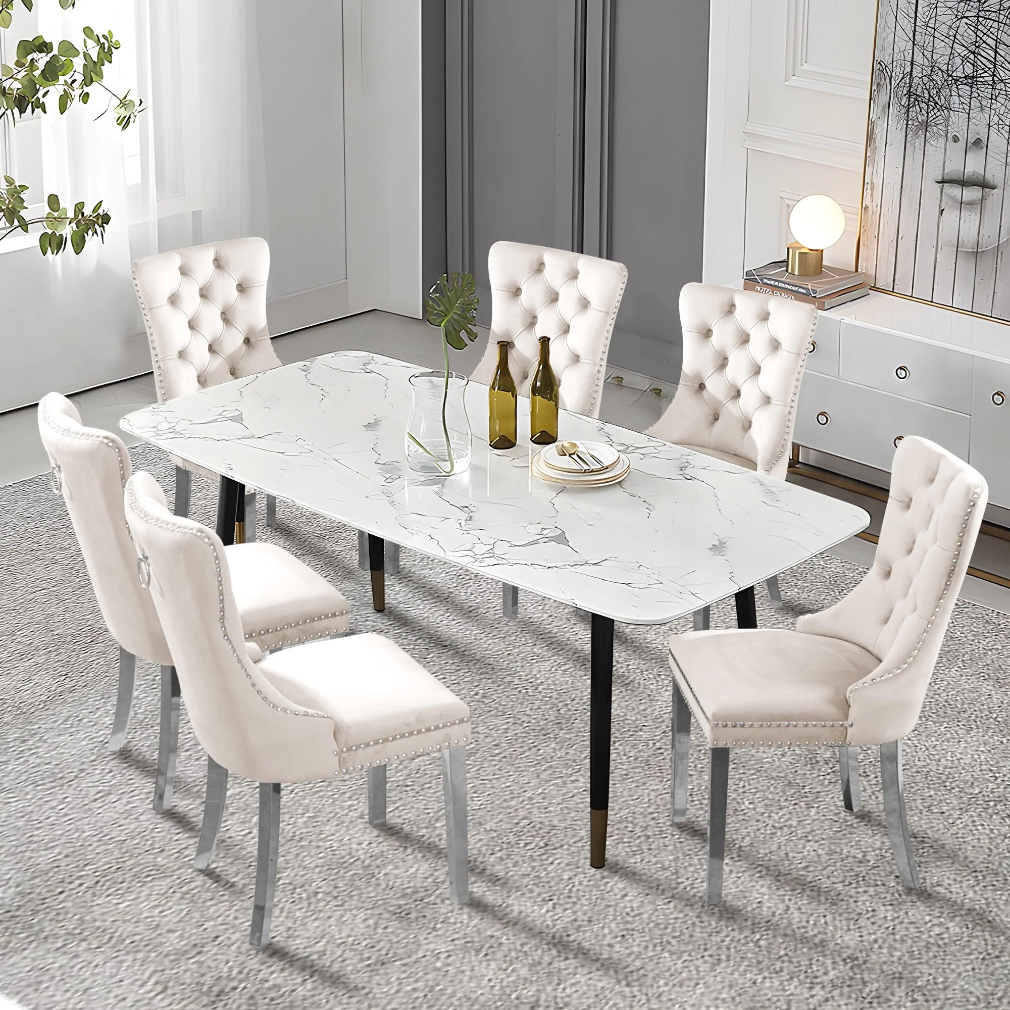 Upholstered Tufted Velvet Dining Chair with Solid Wood Legs Set of 6