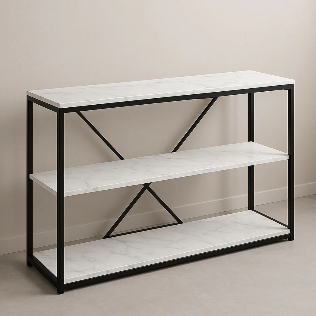 Étagère de rangement rectangulaire en métal avec tablettes effet marbre, Noir/Blanc, 120x40x85 cm