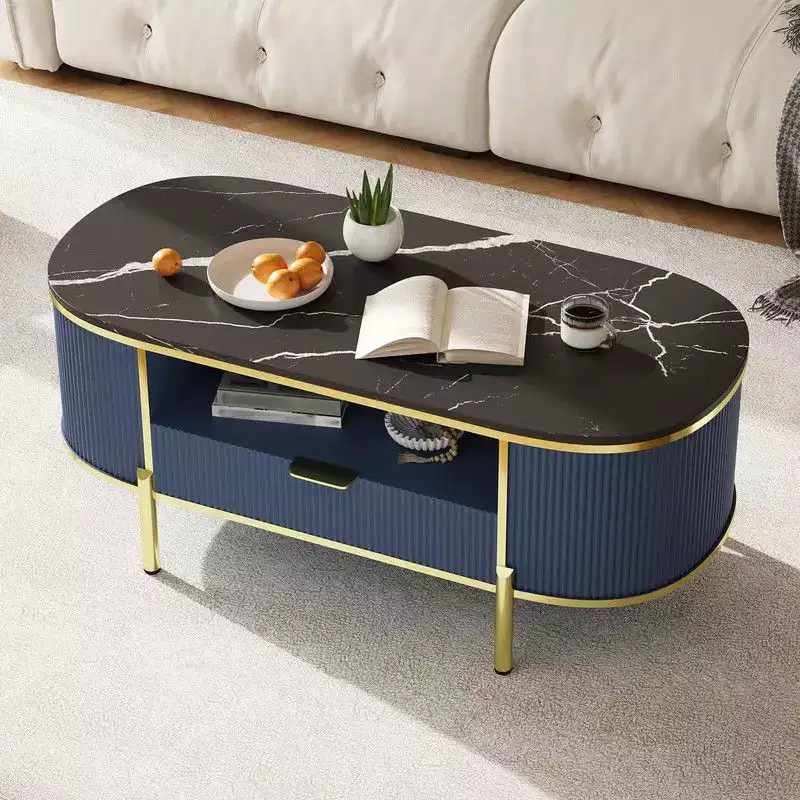 Modern Oval Coffee Table with Storage Organizer, 48 Wood Fluted Center Table for Living Room Office
