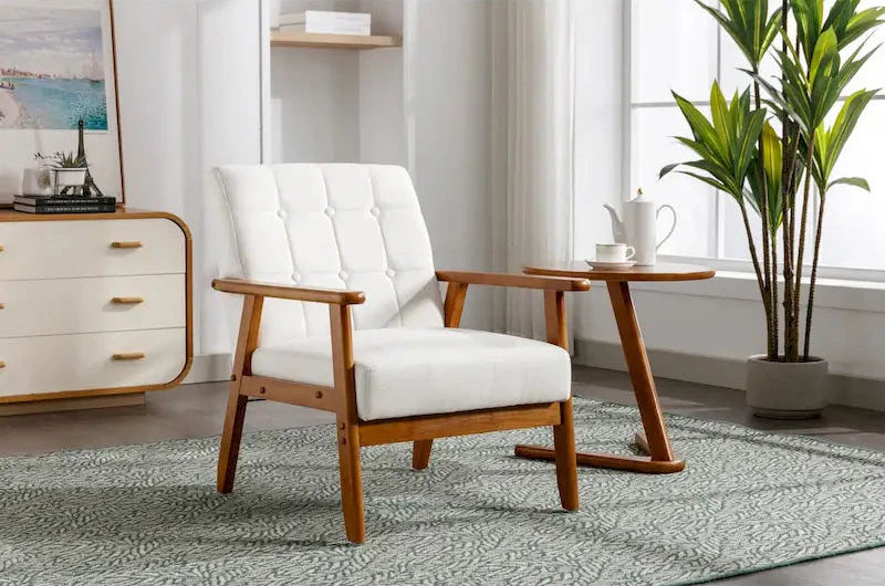 Linen/PU Upholstered Tufted Living Room/Bedroom Accent Chair With Wood Legs