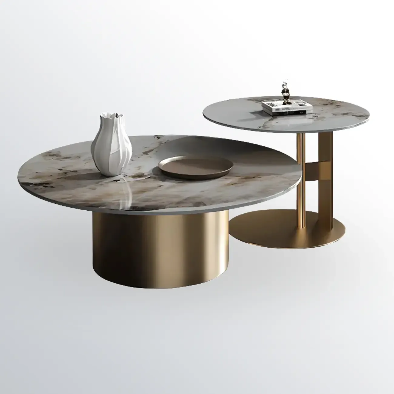 Modern Gray Round Nesting Coffee Table Set with Marble Top