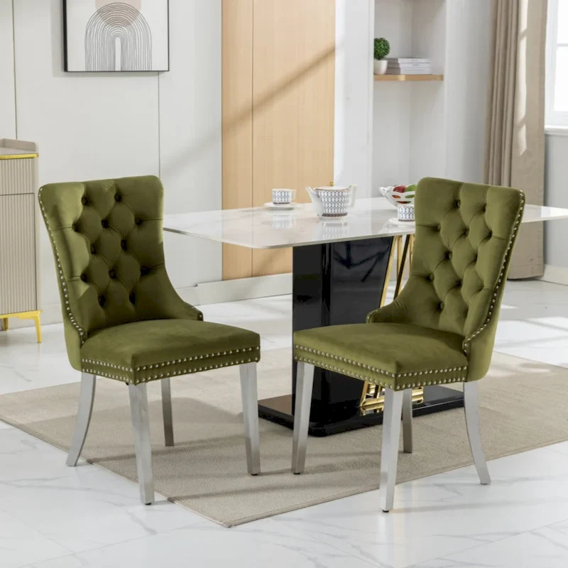 Olive Green / Purple Velvet Tufted Dining Chair, Chrome Legs, Seats 1