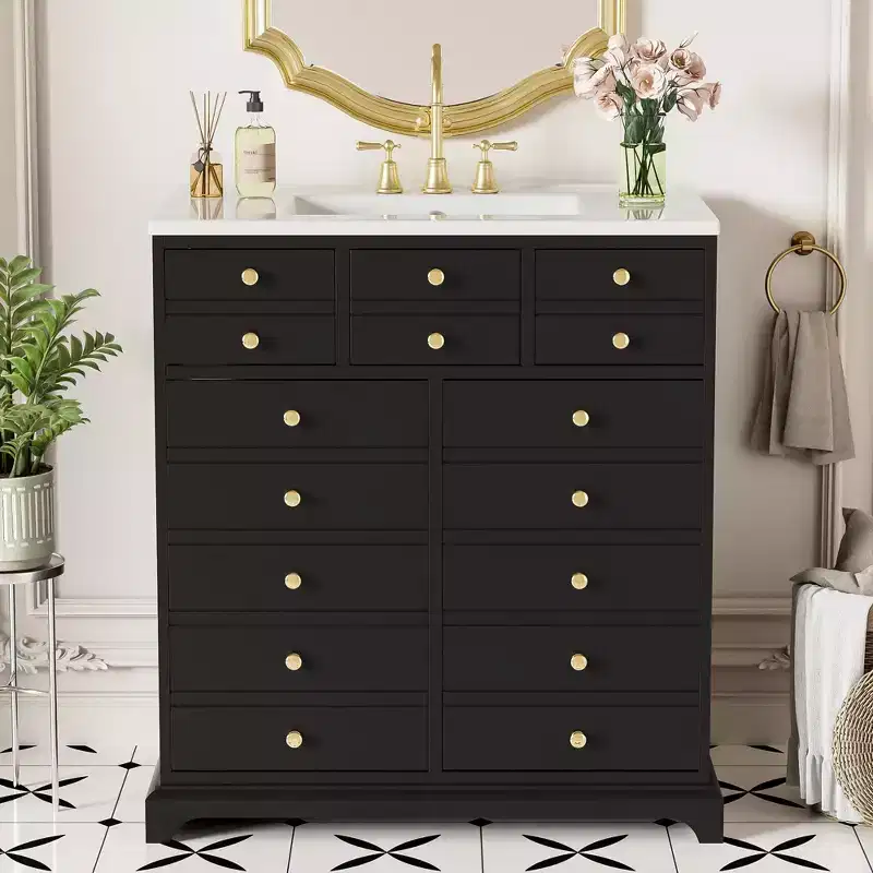 30 Bathroom Vanity with Sink, Bathroom storage Cabinet with Drwers and Soft Closing Doors, Black
