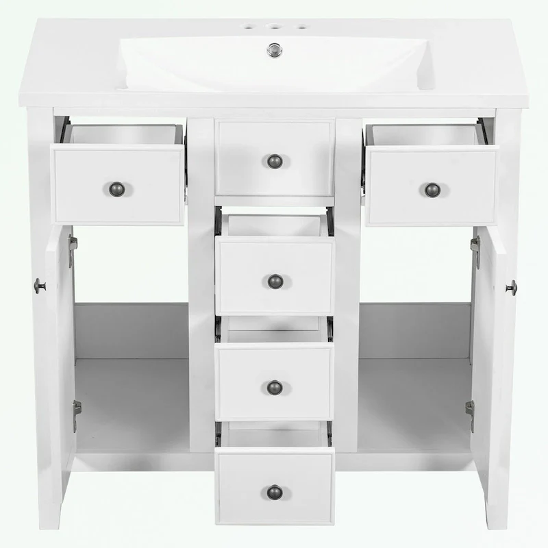 Bathroom Vanity with Ceramic Basin, Two Cabinets and Five Drawers