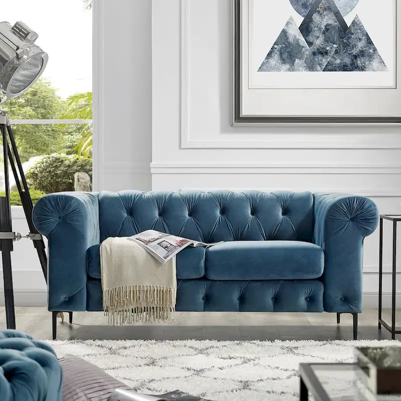 French Blue / Grey / Navy Blue / Teal Velvet Tufted Loveseat, 2-Seat